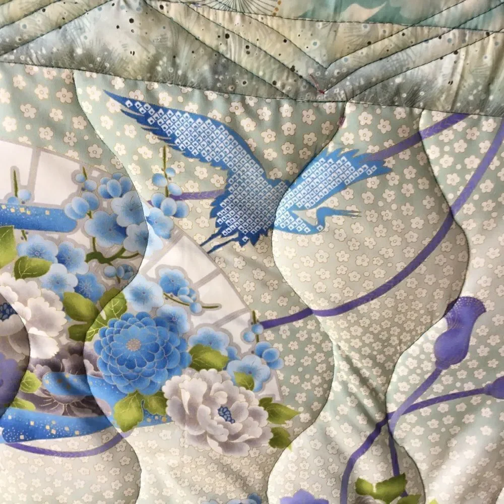 NWT Hand Crafted Quilt in Oriental Prints of Blues and Aquas With Cranes